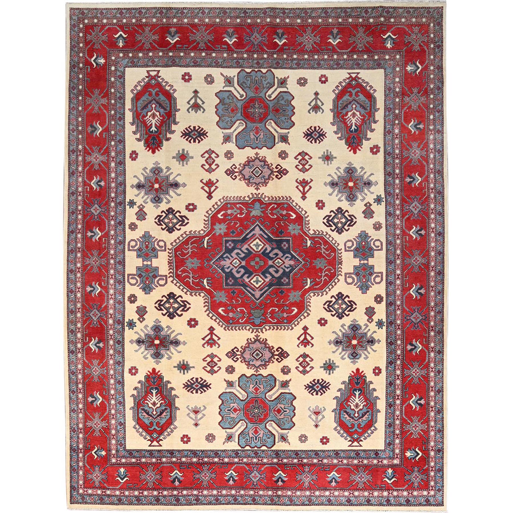 Casablanca White, Natural Dyes,  Hand Knotted With Densely Woven 100% Wool Kazak, Tribal Pattern, Oriental Rug 